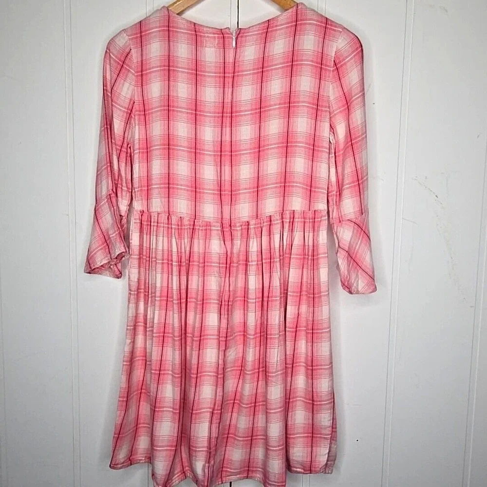 Gap Kids Plaid Babydoll Dress Girls XXL Pink White Bell Sleeve Zip Back